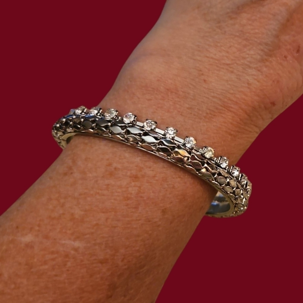 Vintage Set of Two Silver Mesh and Rhinestone Bangle Bracelets